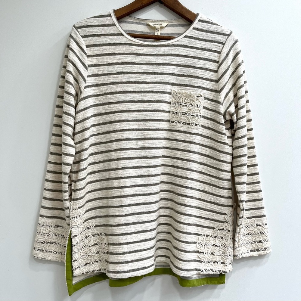 Matilda Jane With a Twist green cream striped crochet lace textured knit large